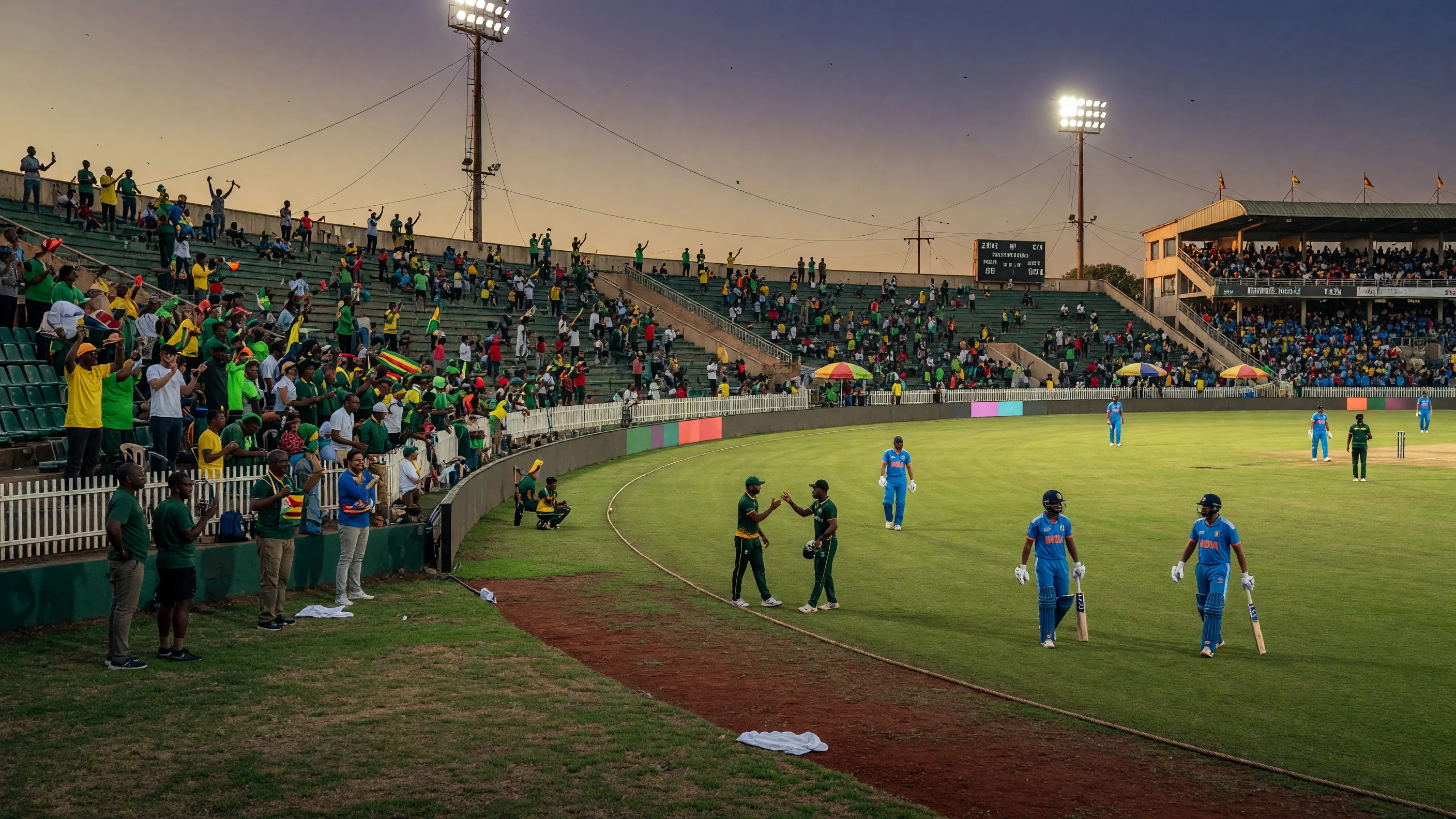 Wide daytime view of a packed cricket ground ahead of India versus Zimbabwe first T20I atmosphere in Harare