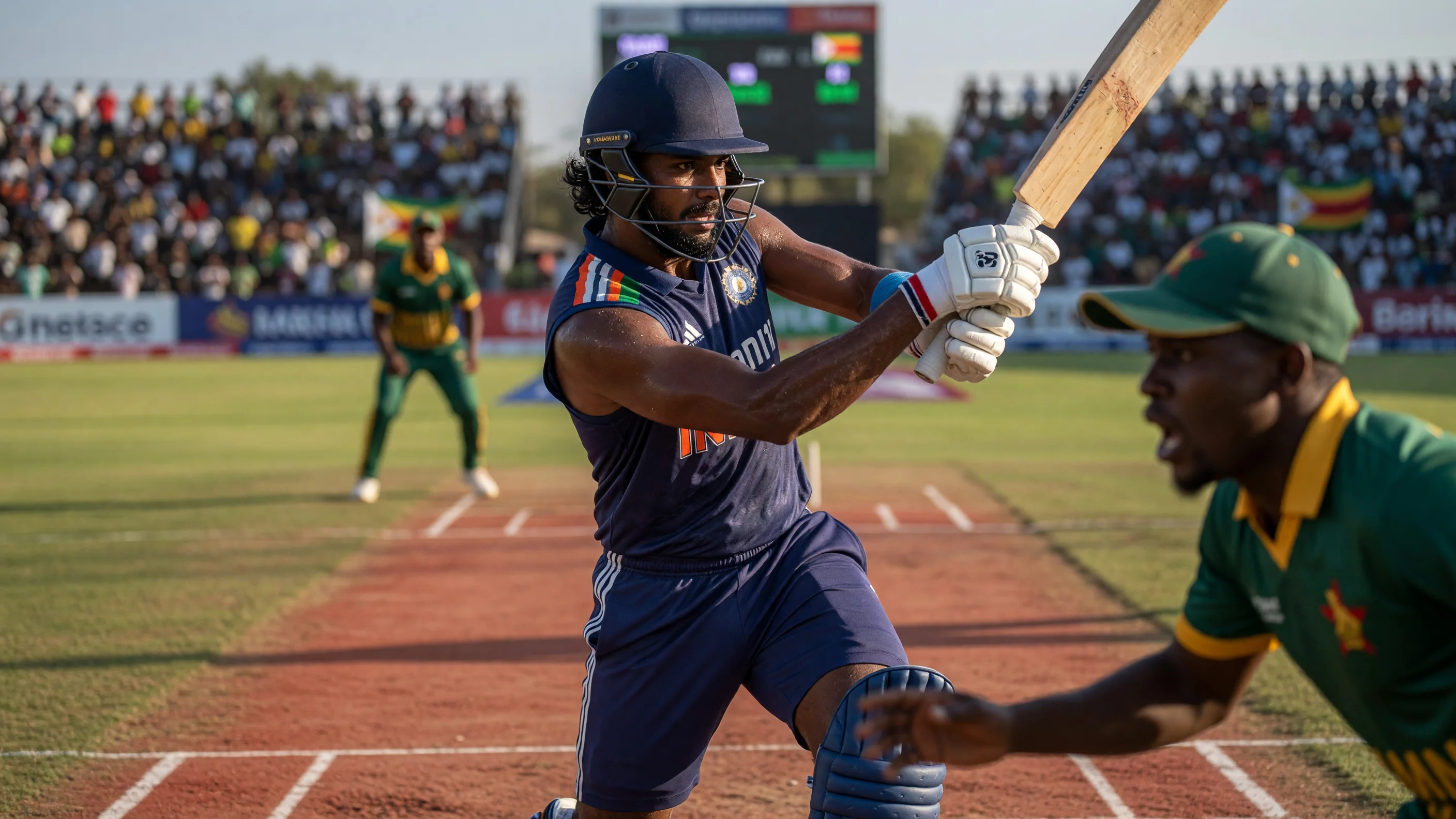 Batter swinging through a T20 delivery under bright stadium lights with keeper up to the stumps